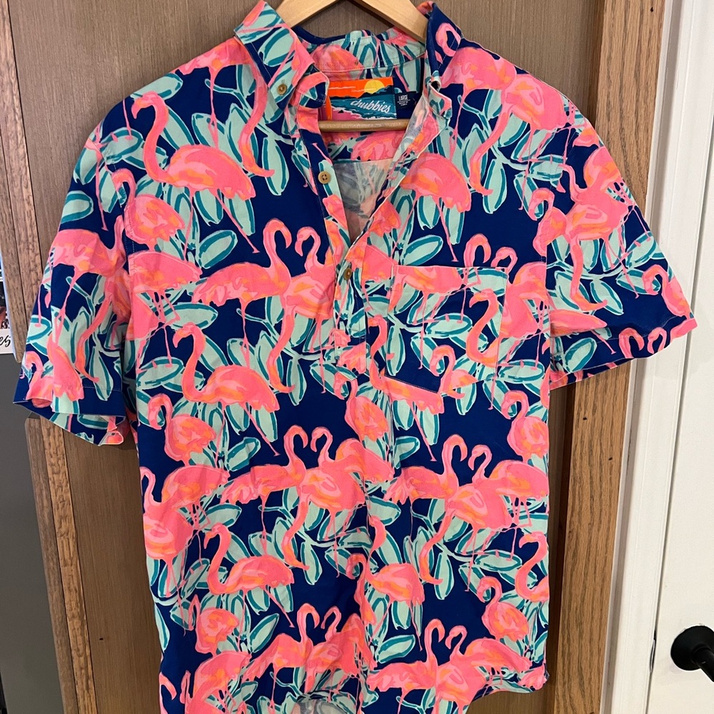 chubbies Navy Shirt with Pink Flamingo and Teal Leaf Print